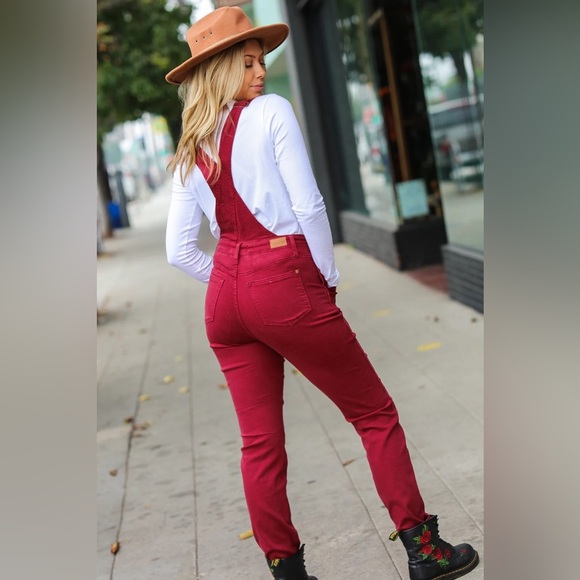 Feeling The Love Scarlet High Waist Denim Double Cuff Overalls - Picture 3 of 11